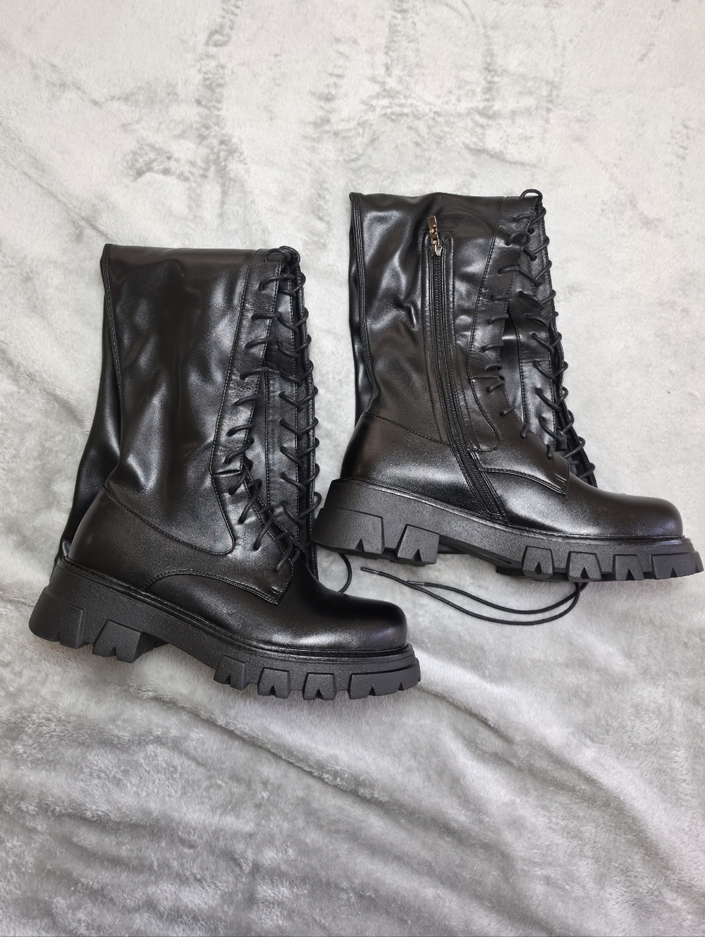 CouieCuies Black Knee High Lace-Up Boots Size 9.5 Chunky Sole Stretch Tall Boots - Picture 5 of 10